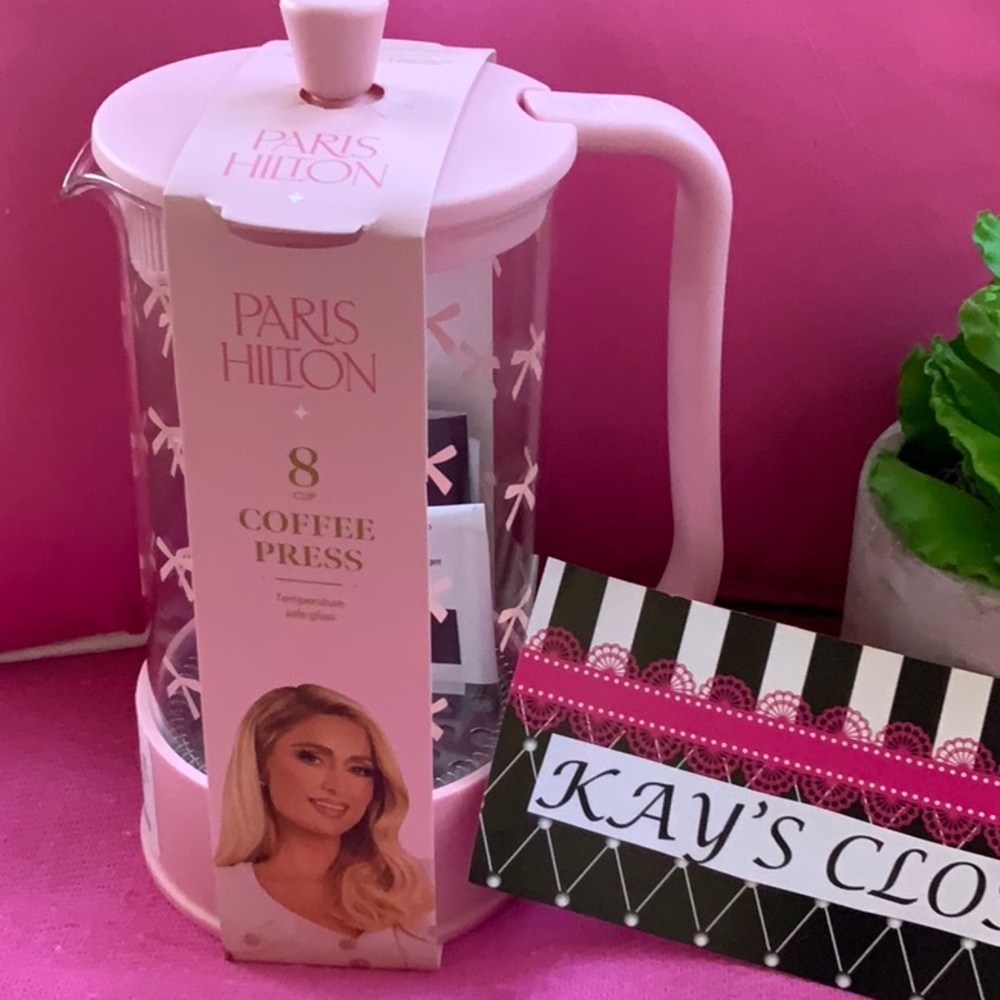 💖💖64 OUNCE/8 CUP Paris Hilton Glass Pink Ribbon Coffee Press Mug